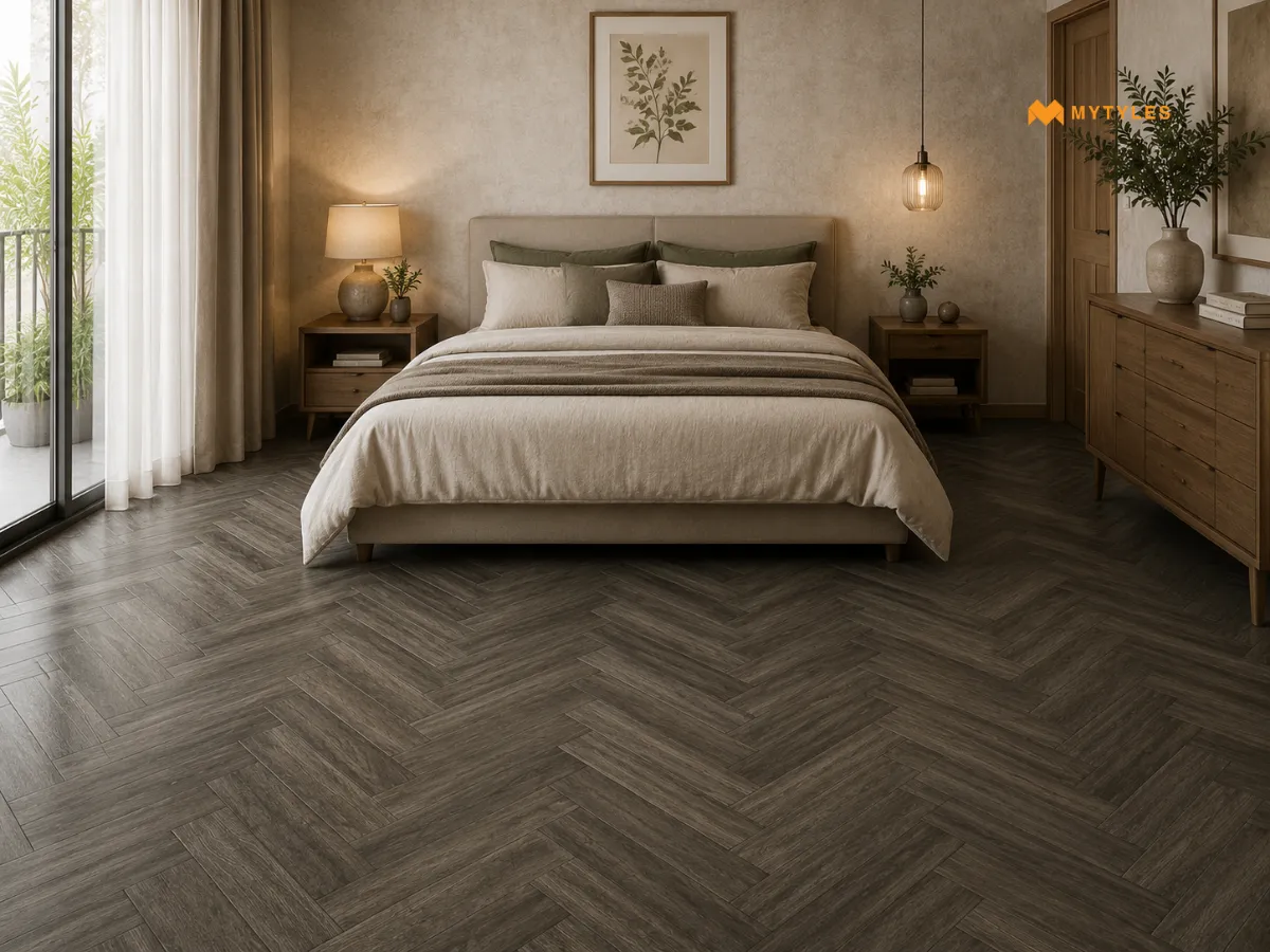 Gray wooden Floor Tiles in Bedroom